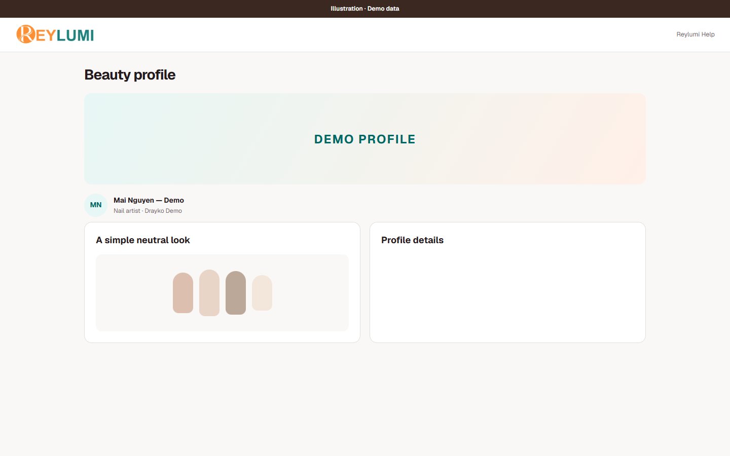 Illustrative beauty profile with sample color swatches and guidance to review public names and photo permission.