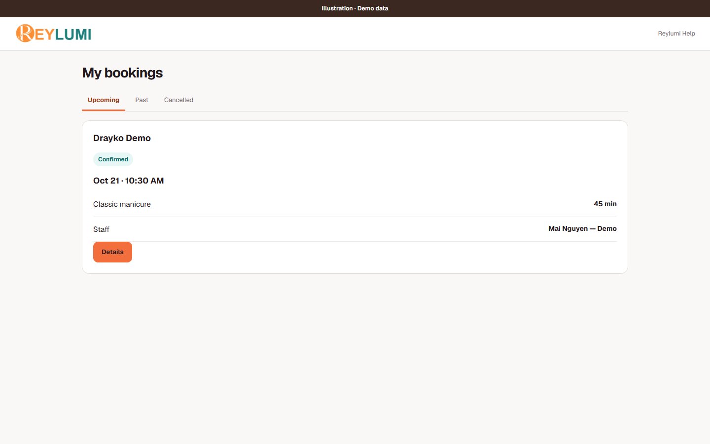 Mockup of a Confirmed booking card with the Details button and Upcoming, Past and Cancelled tabs.