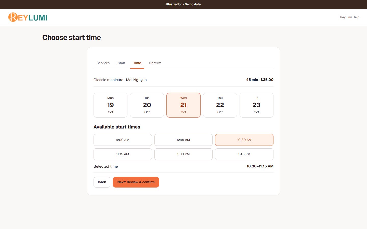 Demo booking screen with service, staff, date and available start times.