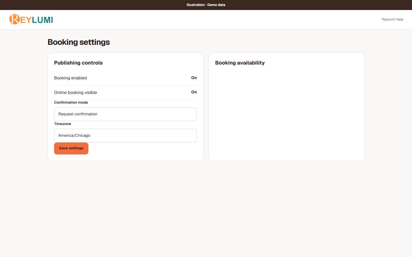 Mockup of Booking enabled, Online booking visible, Confirmation mode and Timezone, with a reminder to set staff availability separately.
