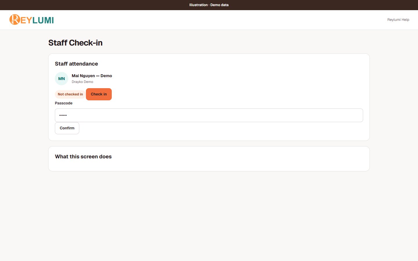 Mockup of staff attendance with a sample employee, Check in, staff Passcode and Confirm.