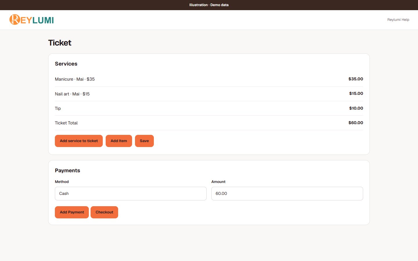 Mockup of the ticket detail payment form with Method, Amount, Add Payment and Checkout.