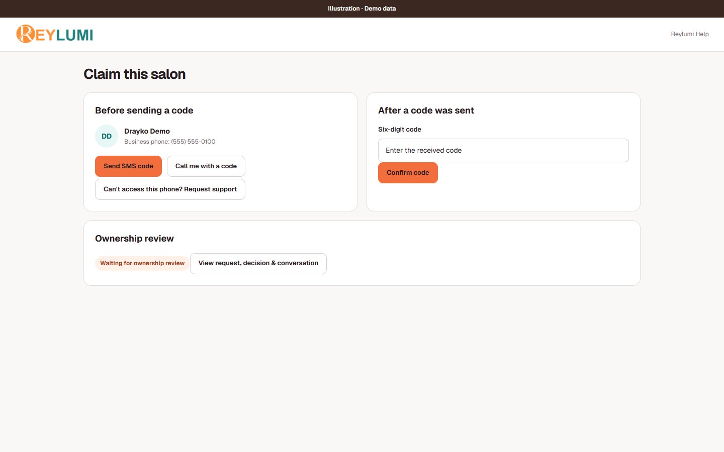 Mockup separating the code request, six-digit code entry and waiting-for-review states. No verification or approval occurred.