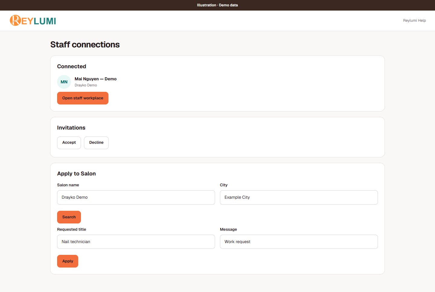Mockup of a connected staff profile, Open staff workplace, and separate invitation Accept and Decline options.