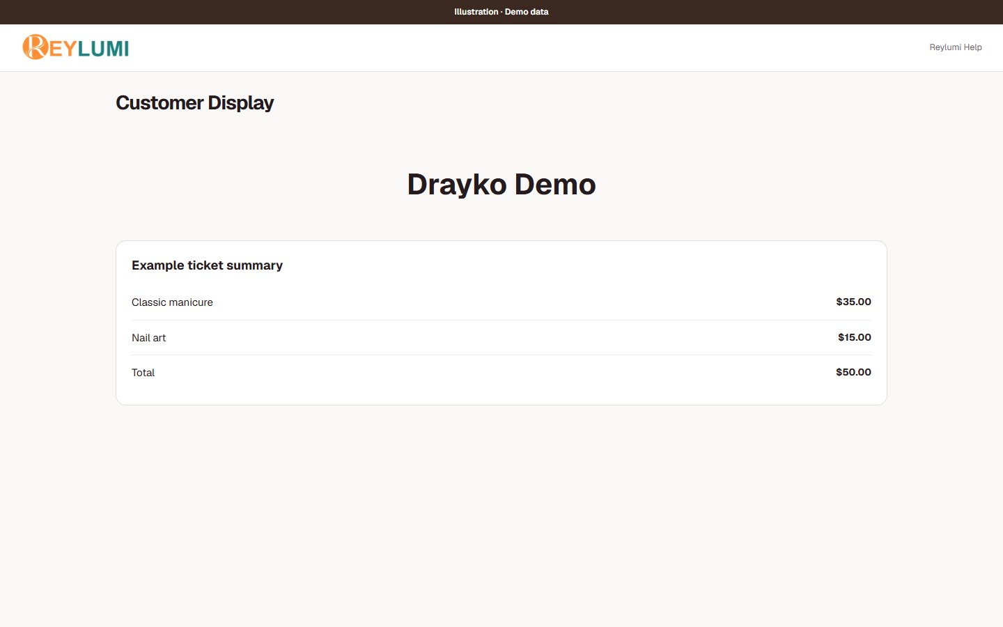 Demo customer-facing ticket display with services and a sample total.