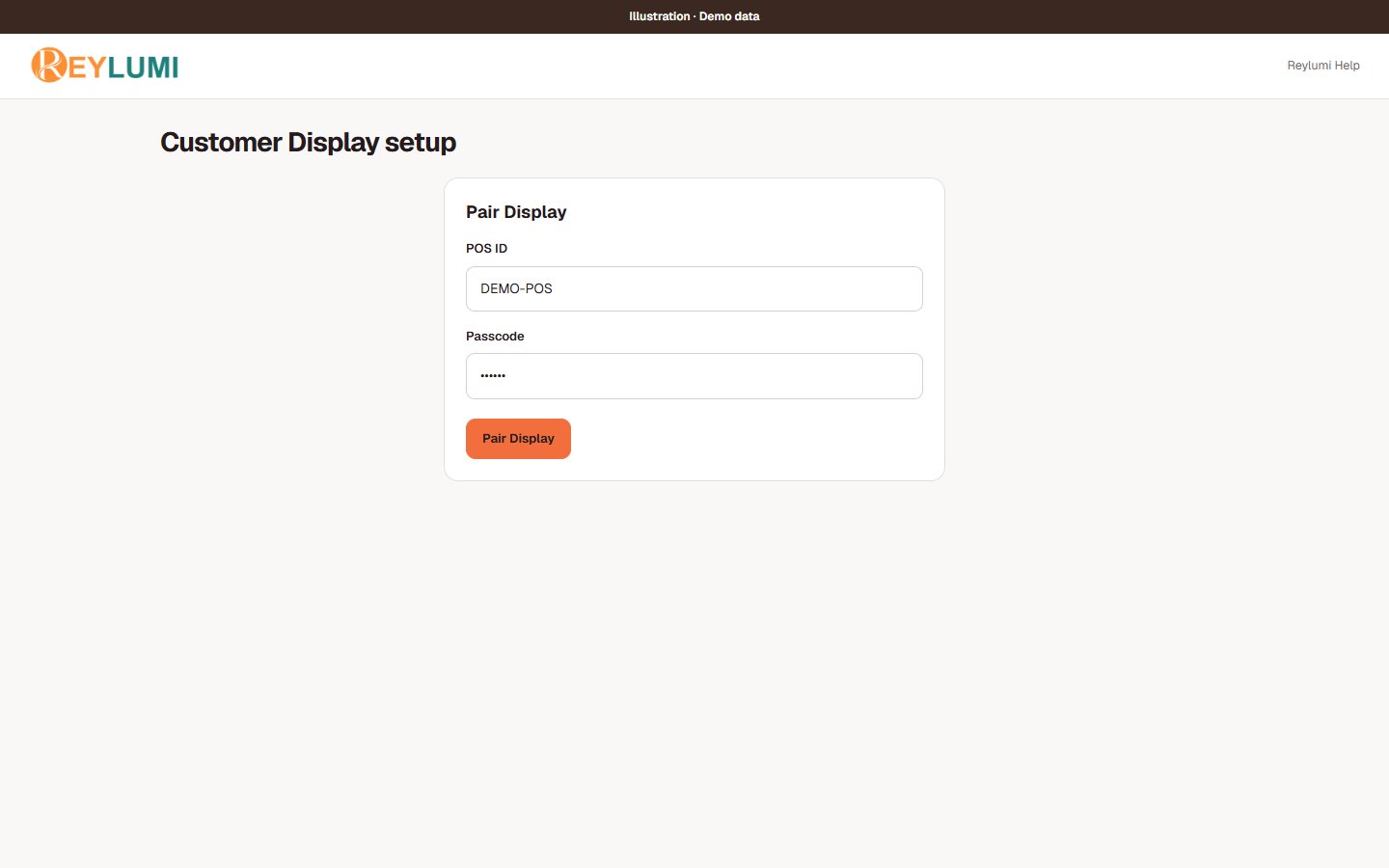 Demo pairing form with clearly fictional POS ID and passcode.
