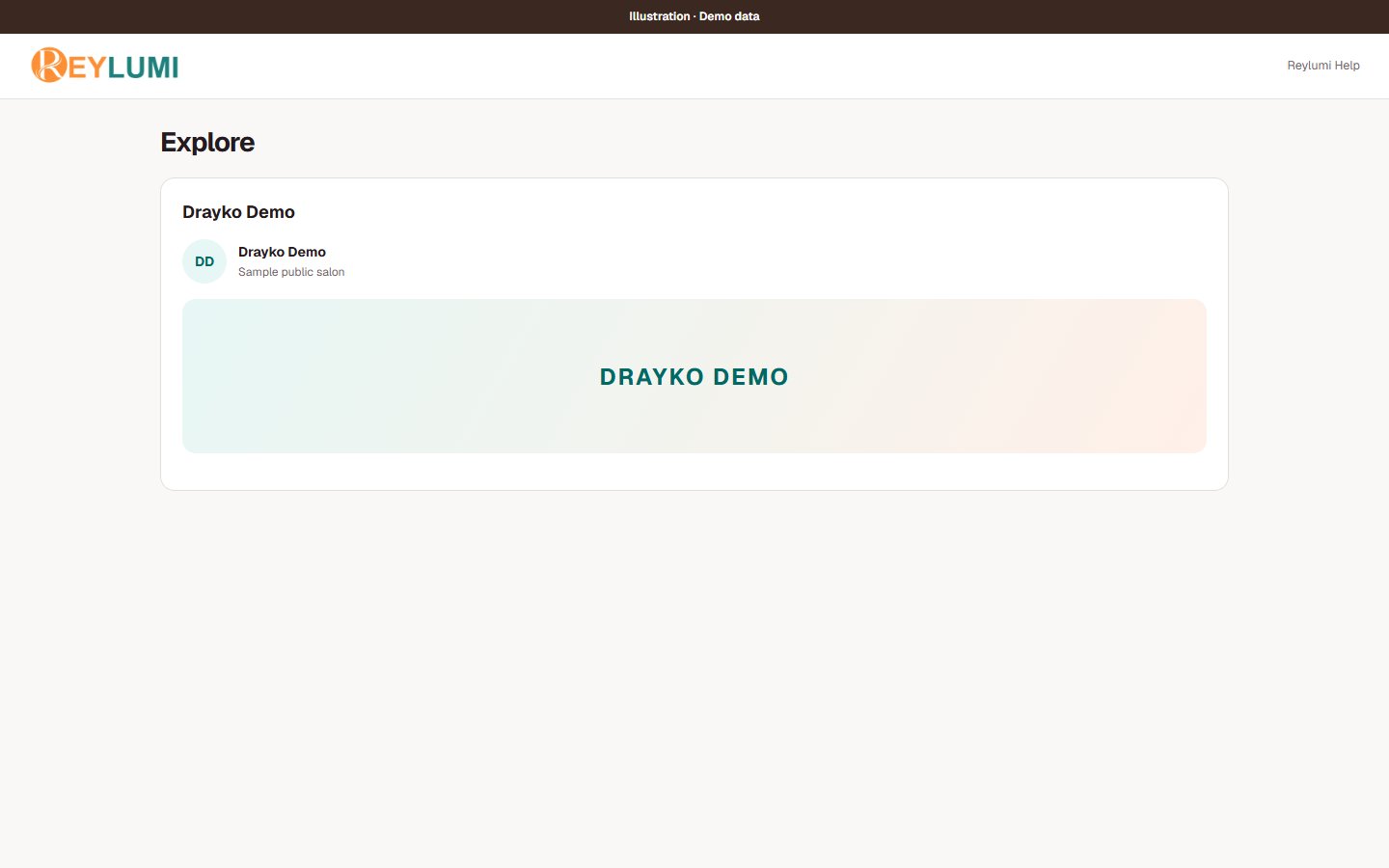 Illustrative Drayko Demo salon card with sample services and a reminder to use the available booking control.