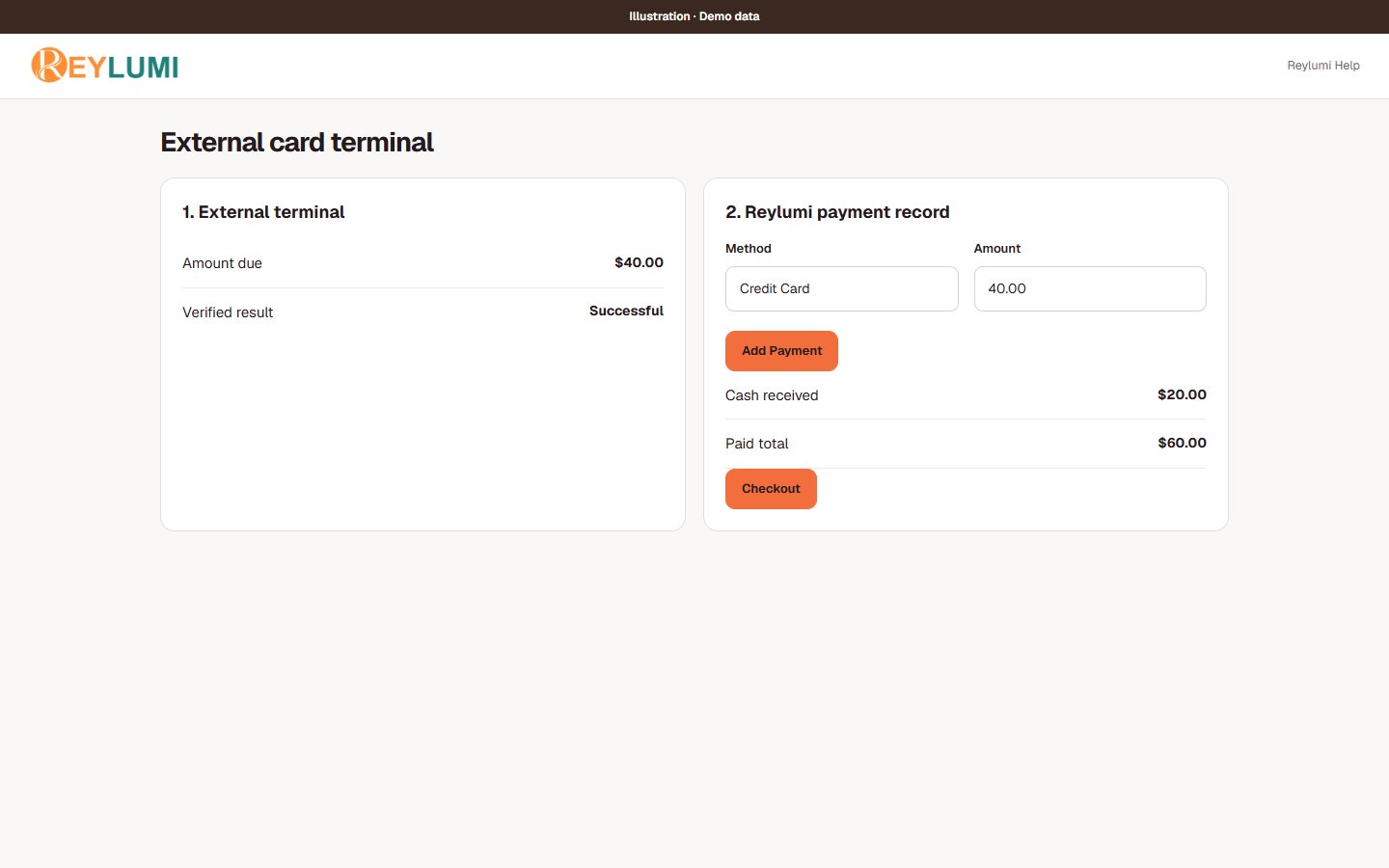 Illustration of checking an external terminal result and recording Credit Card 40.00 with a separate Cash 20.00 entry.