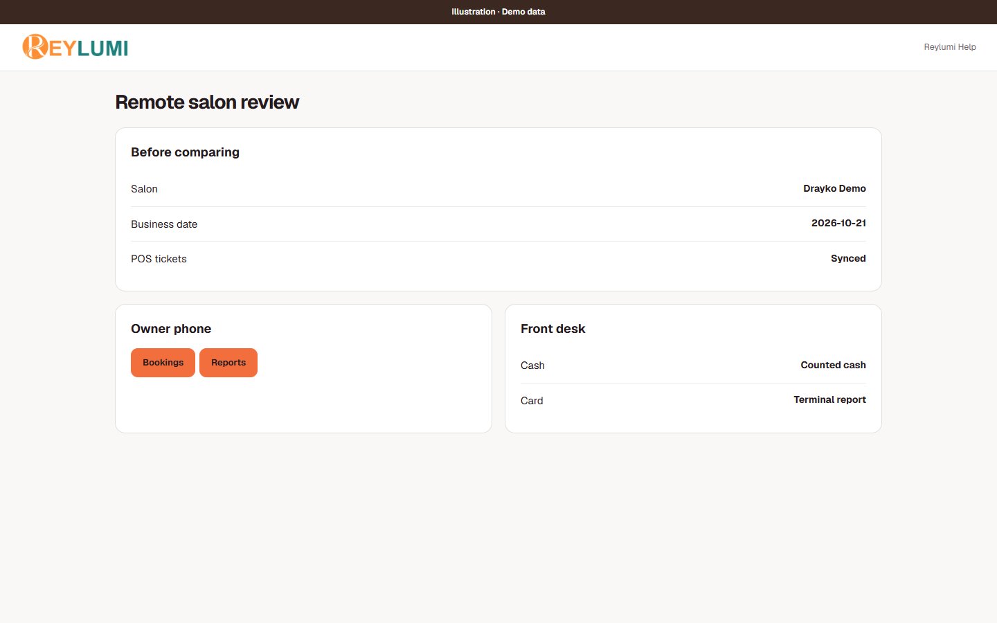 Illustration of an owner comparing saved Reports with a matching POS business date and terminal receipt.