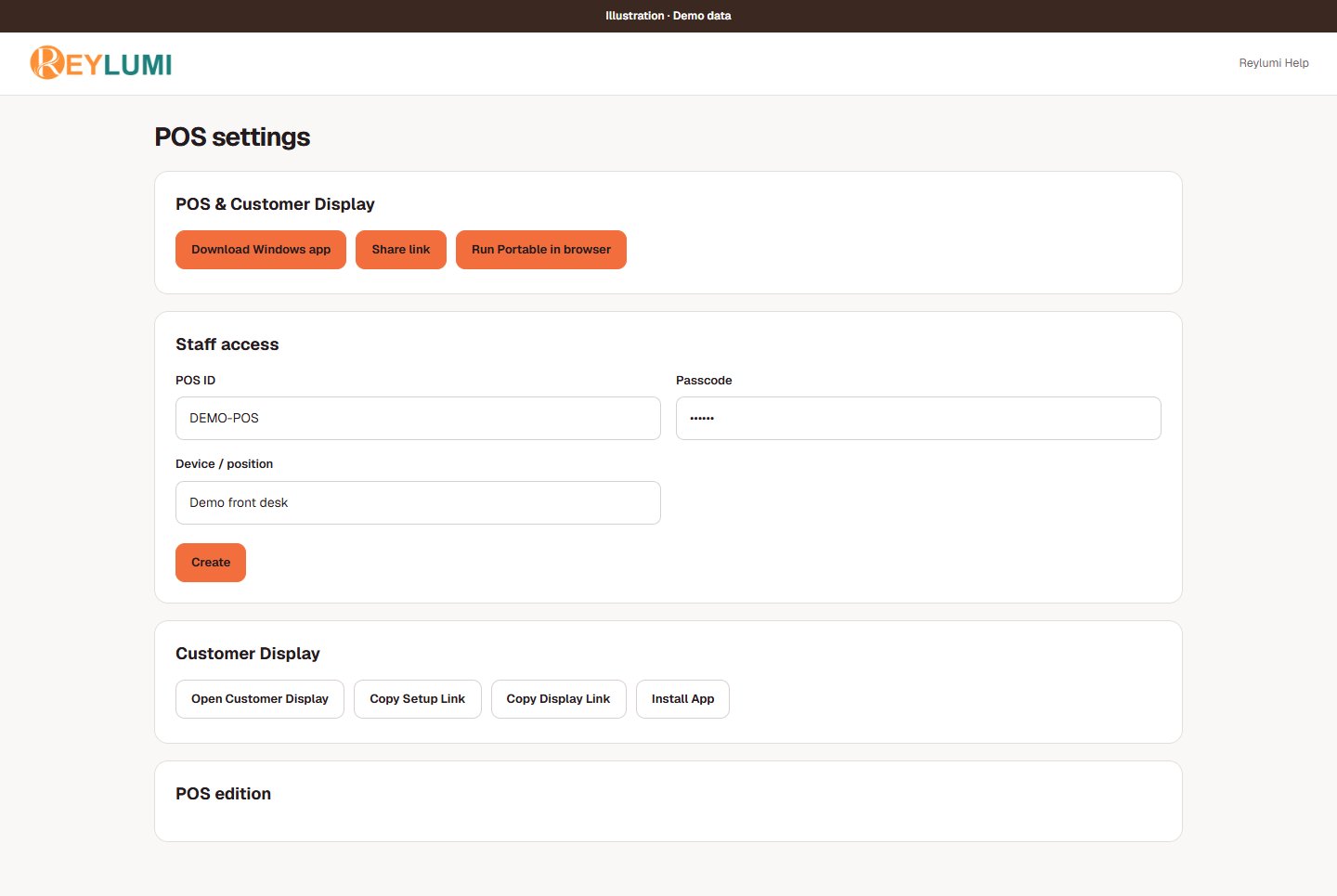 Mockup of Staff access creation, Allowed actions and Customer Display setup requiring an active POS ID.