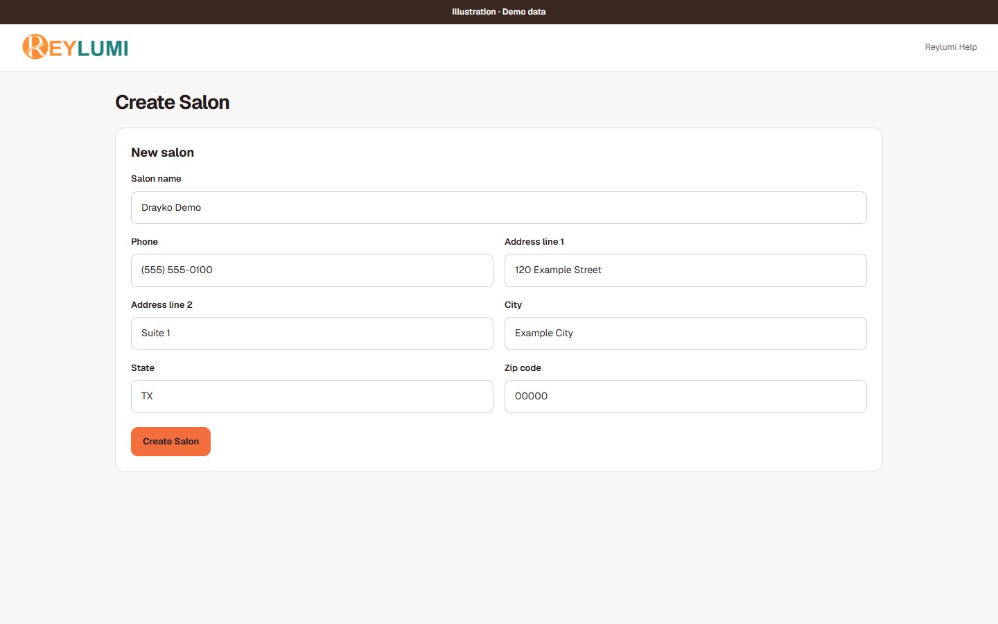 Demo new-salon form with salon name, contact fields and the staff-profile checkbox.