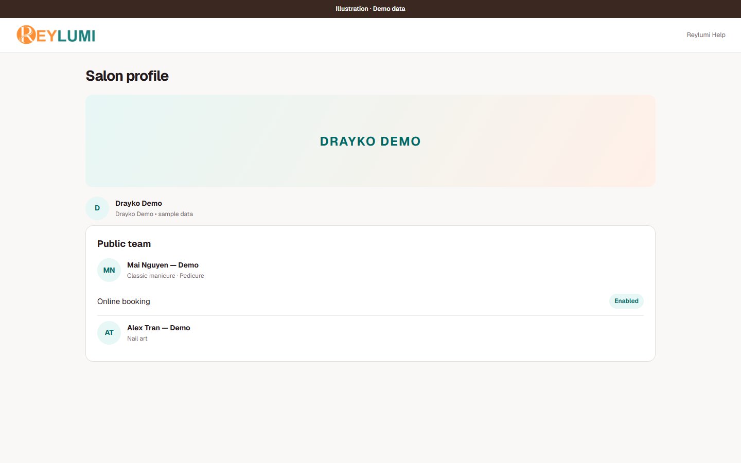 Illustrative Drayko Demo public team with two sample staff profiles and online-booking eligibility guidance.
