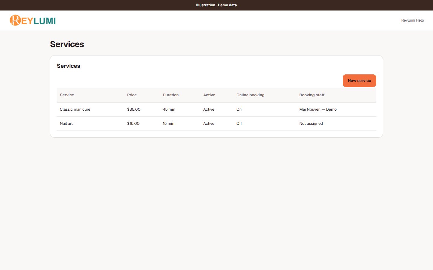 Mockup comparing two active services, one with online booking on and eligible staff and one with online booking off.