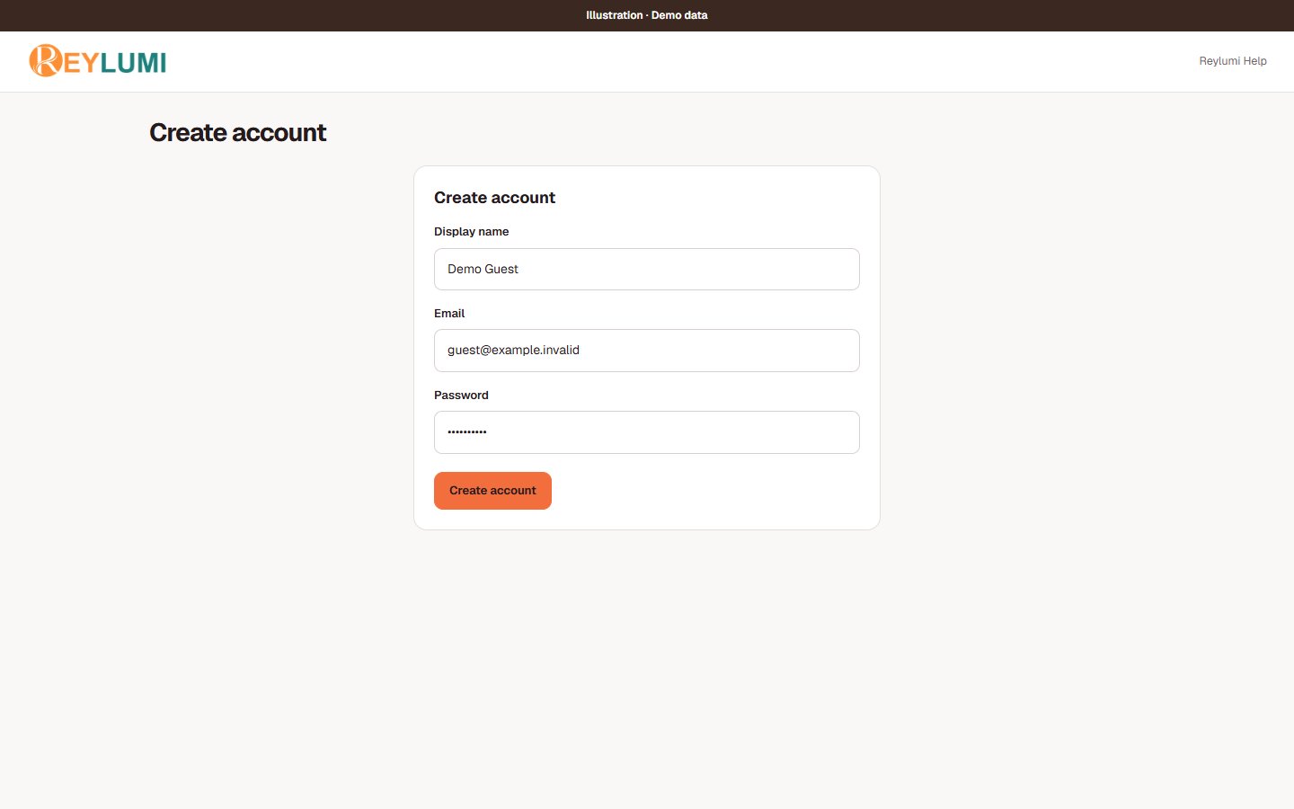 Demo sign-up form with display name, email and password fields.
