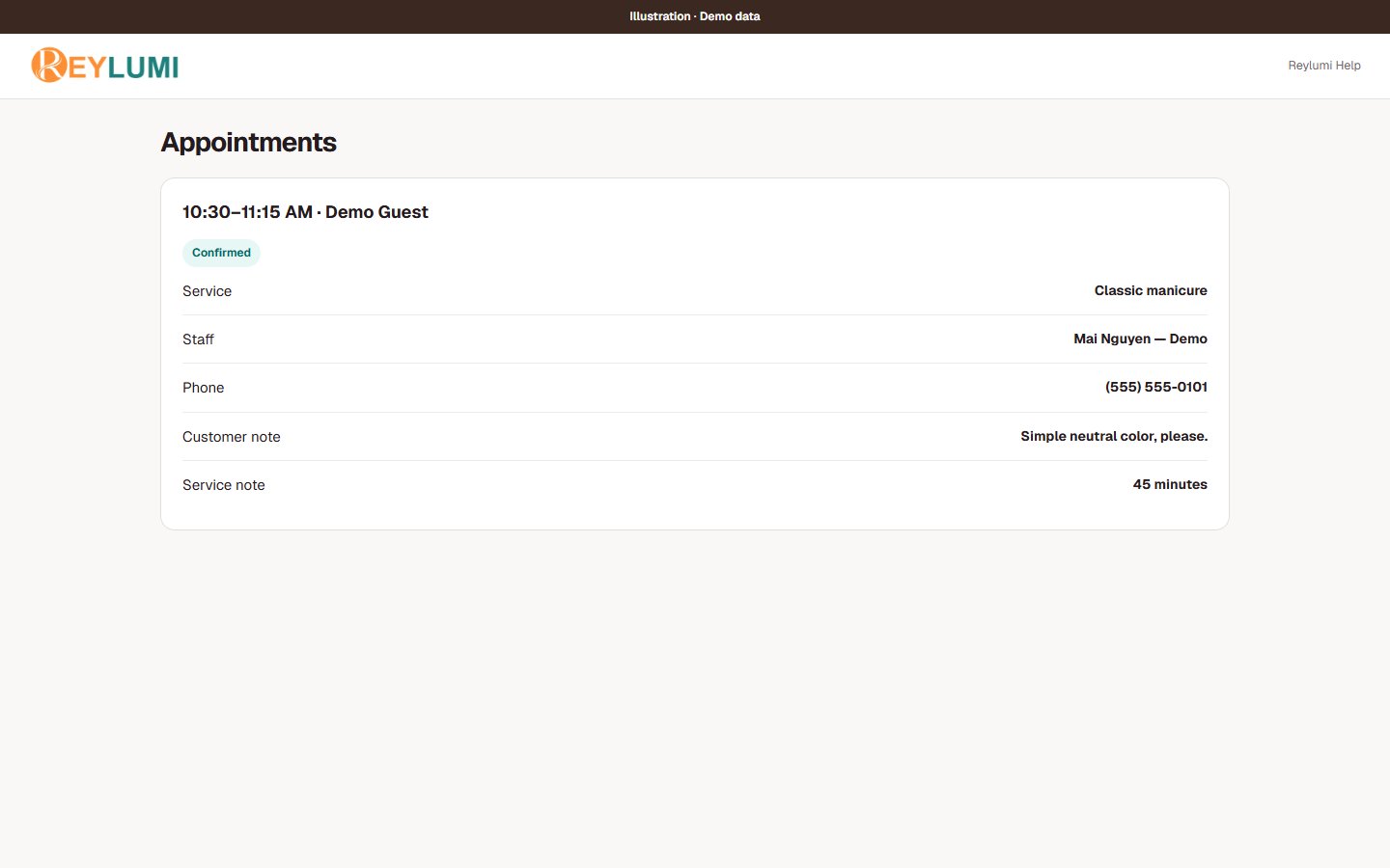 Demo appointment details with a fictitious customer phone and service notes.