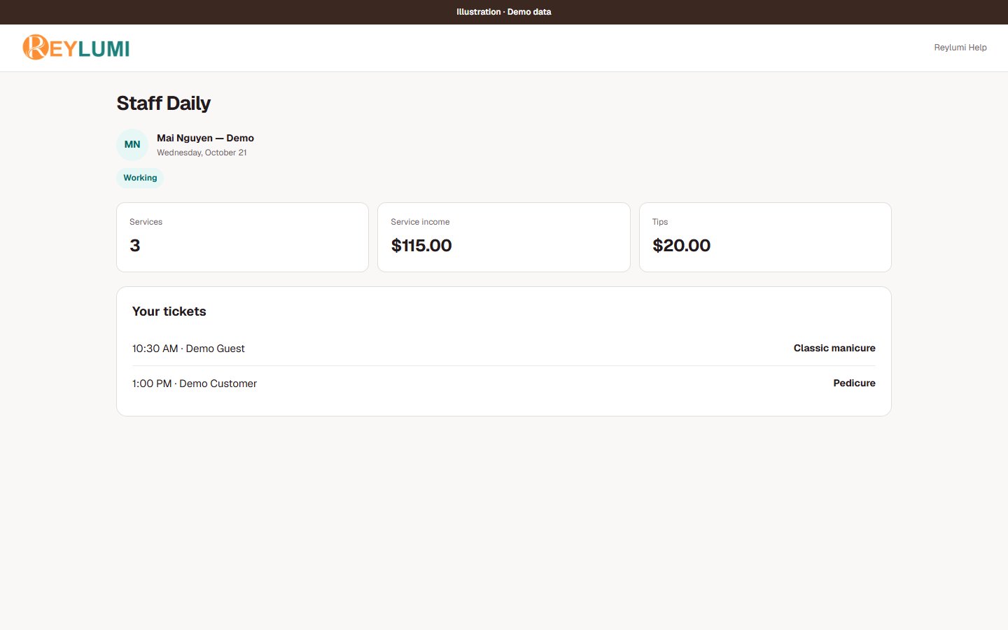 Illustrative Staff Daily summary with sample service income, tips and assigned tickets.