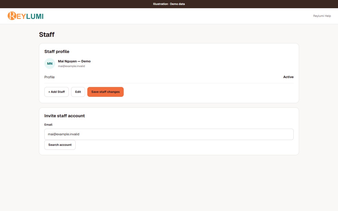 Mockup of an active staff profile, Edit, Save staff changes and an account search for an invitation.