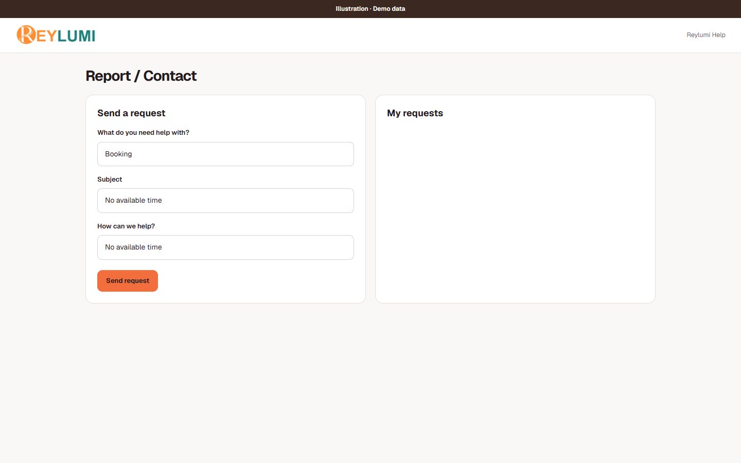 Demo support screen with an example issue and no customer or private account records.